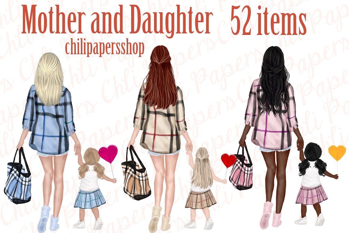 Red lettering "Mother And Daughter" and 3 illustrations.
