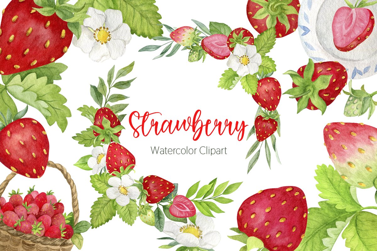 Red-black lettering "Strawberry Watercolor Clipart" and illustrations of strawberry.
