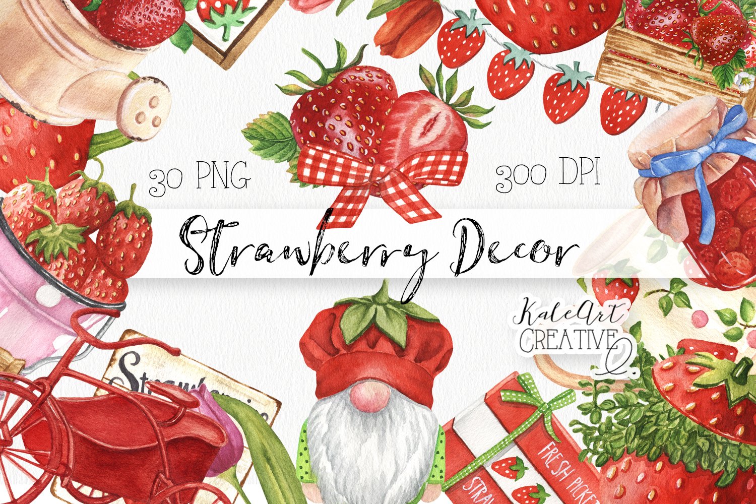 Black lettering "Strawberry Decor" and different red illustrations.
