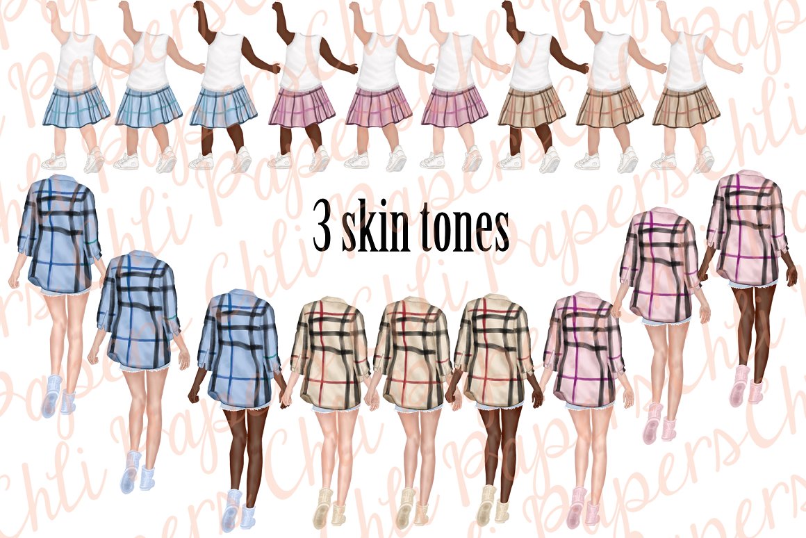 A set of different illustrations of body in 3 skin tones.