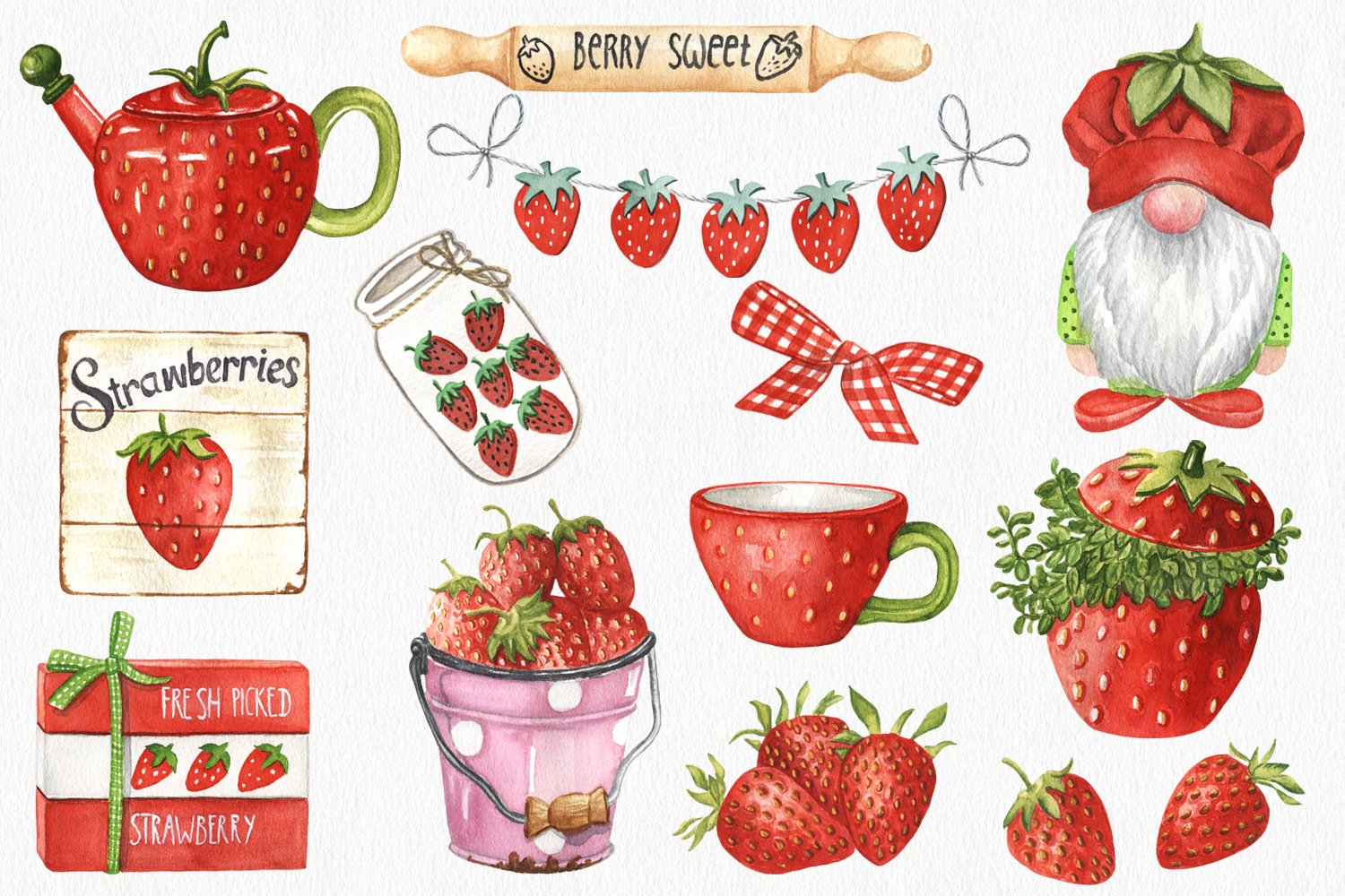Clipart of different watercolor strawberry decor on a gray background.