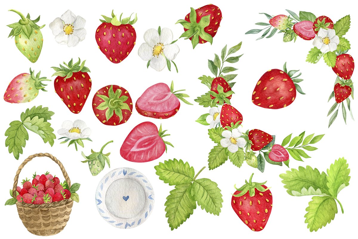 Watercolor clipart of strawberries with leaves on a white background.