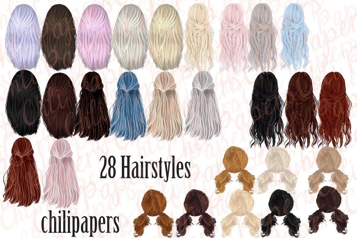 28 different colorful hairstyles on a white background.
