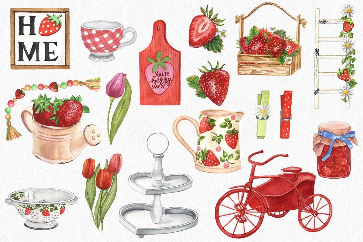 A set of different illustrations with farmhouse kitchen decor with strawberry.
