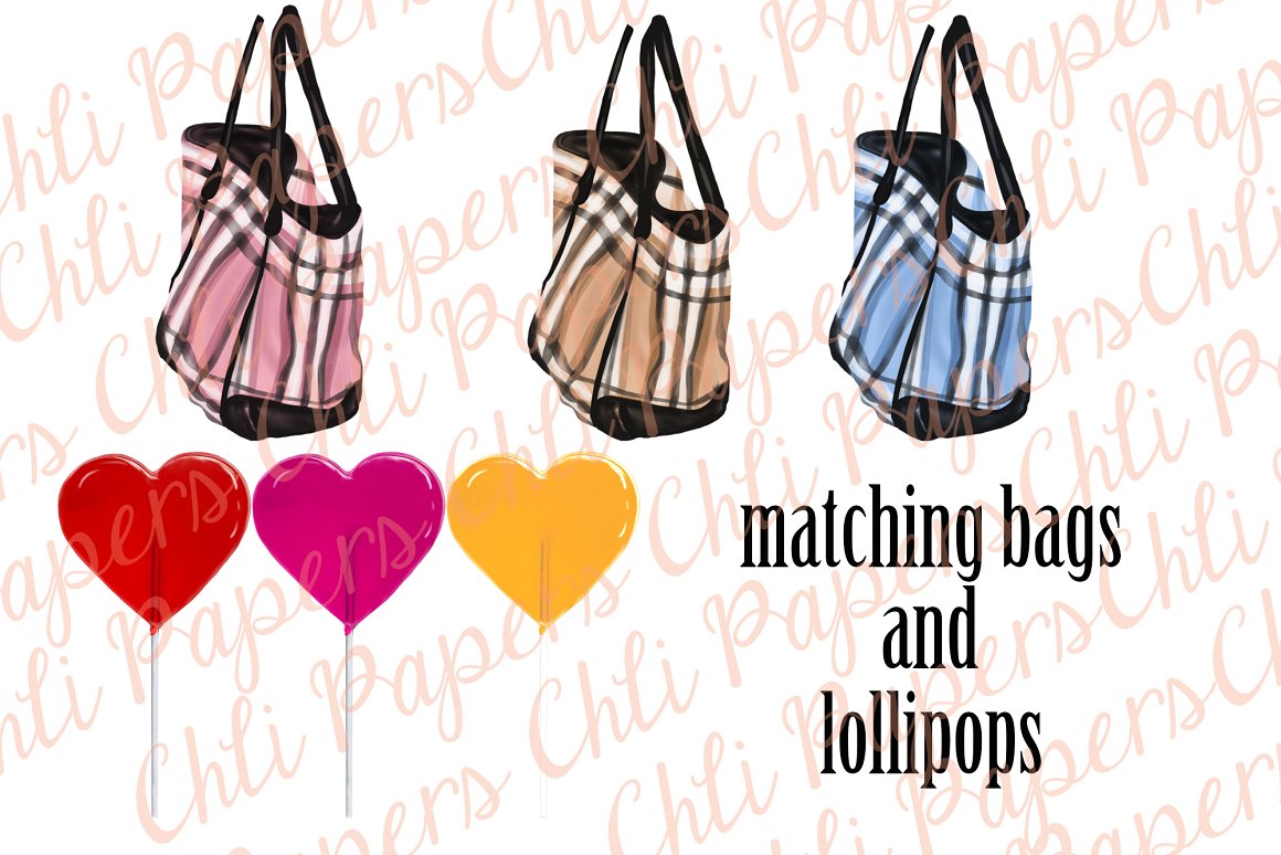 3 matching bags and 3 lollipops on a white background.