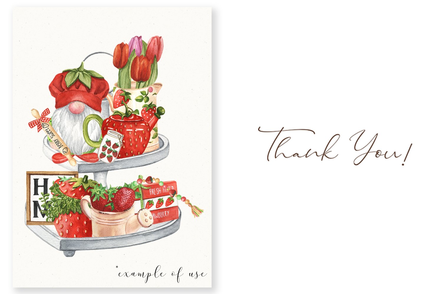 Illustration of a strawberry kitchen decor and black lettering "Thank you!" on a white background.