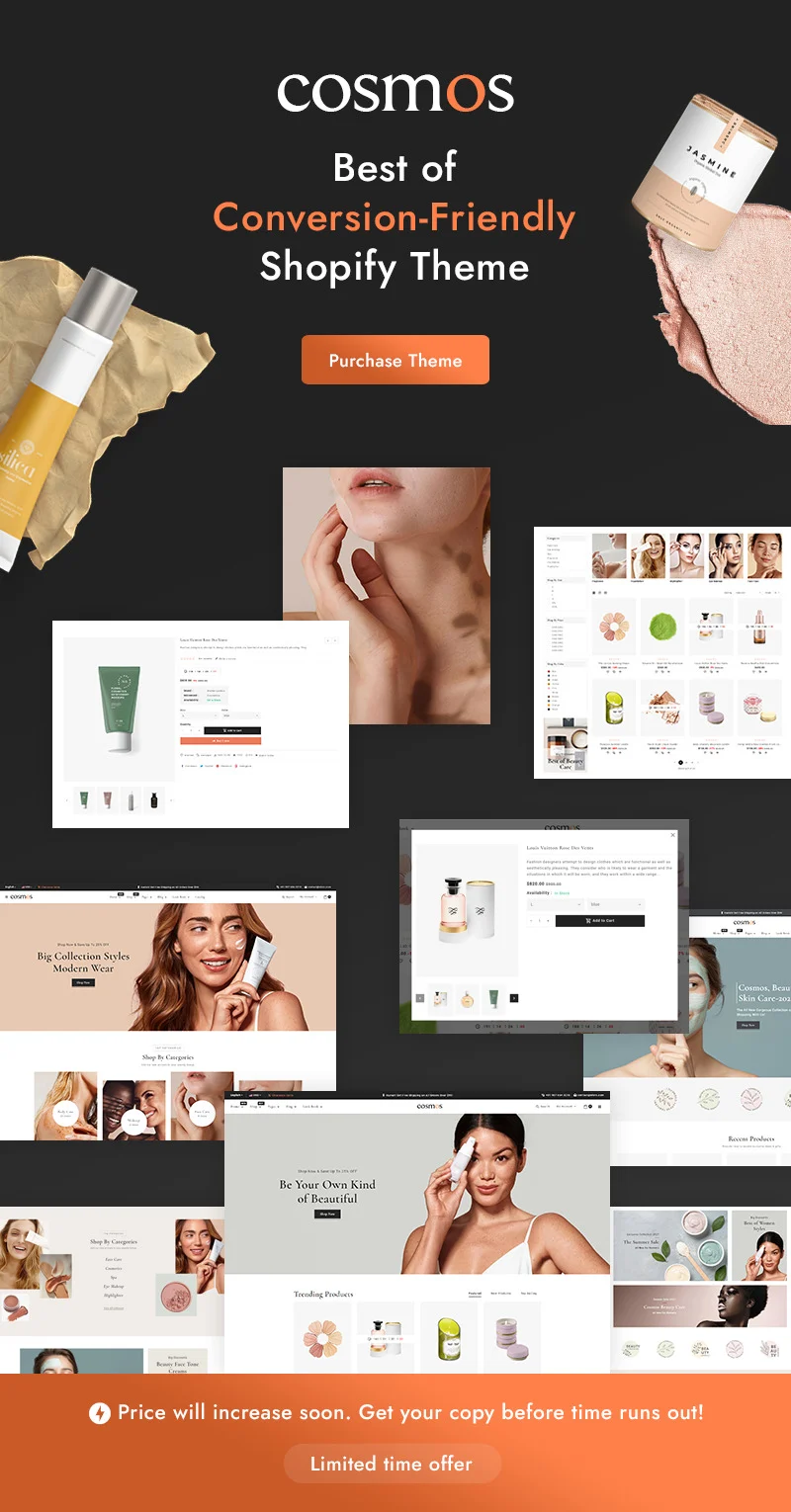 White and orange lettering "Cosmos Best of Conversion-Friendly Shopify Theme" and different pages of cosmetics store on a black background.