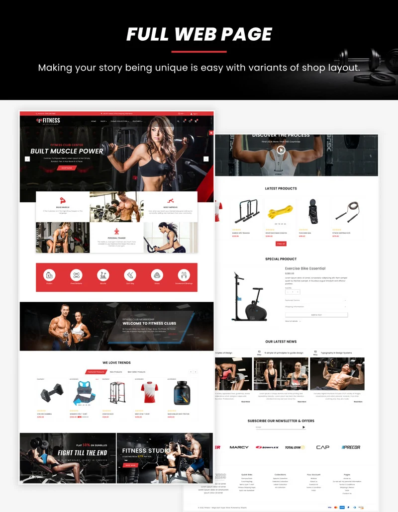 White lettering "Full web page" on a black background and template shopify store in white, black and red in web version on a gray background.