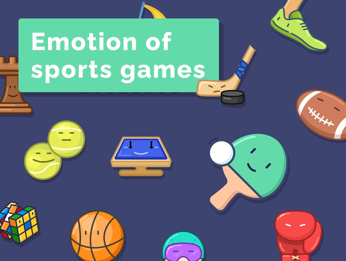 White lettering "Emotion Of Sports Games" on a turquoise background and different icons on a blue background.