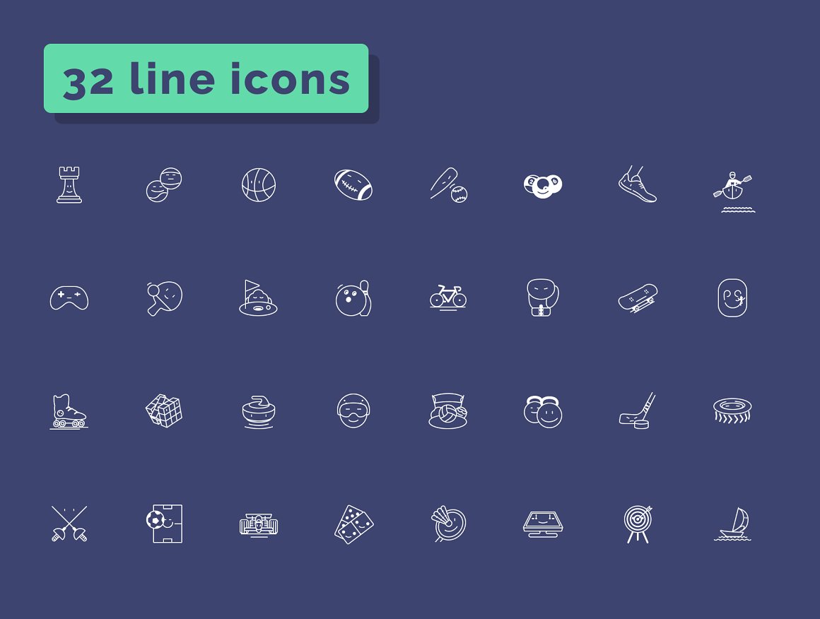 32 different line icons on a blue background.