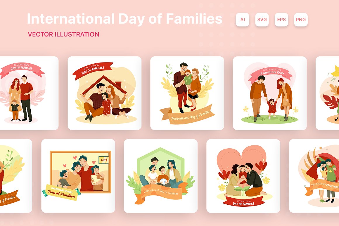 Different preview of family illustrations and white lettering "International Day Of Families".