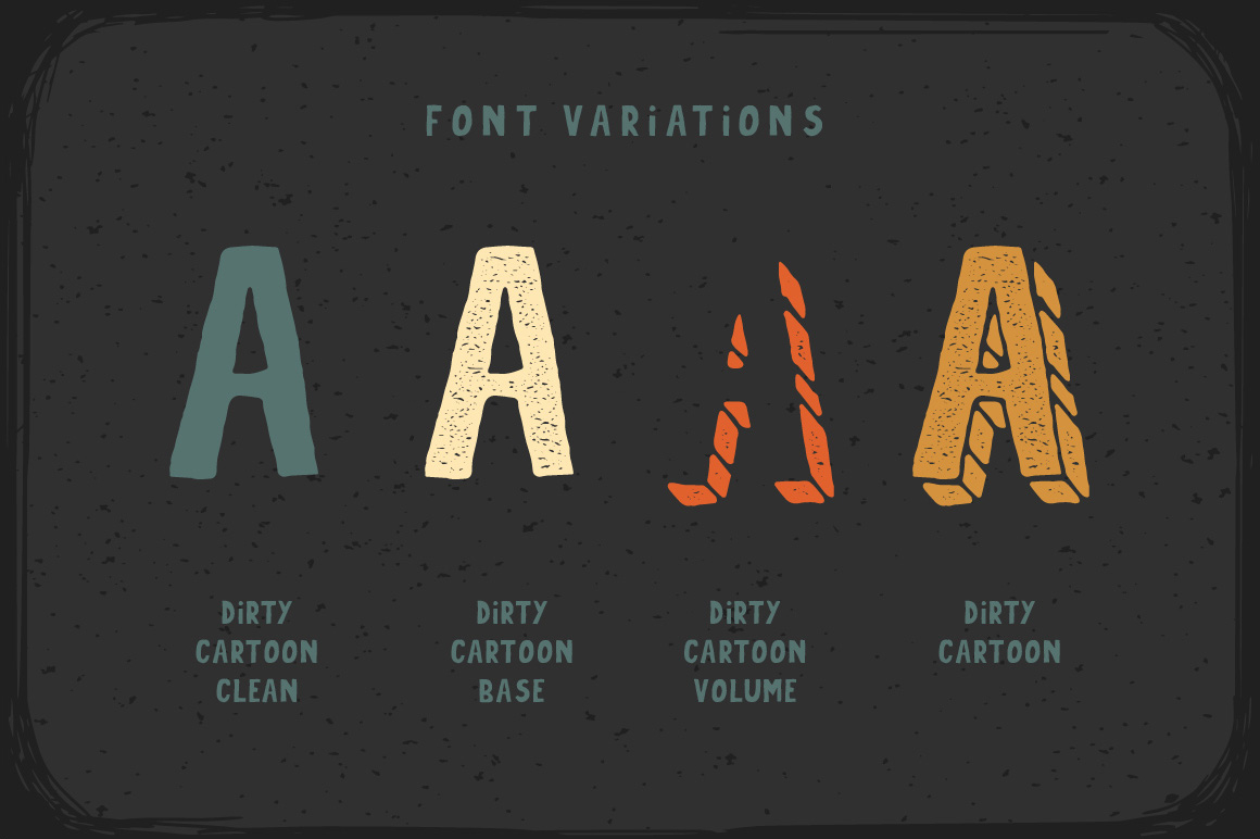 An image with a demo page of varieties of the wonderful font Dirty Cartoon.