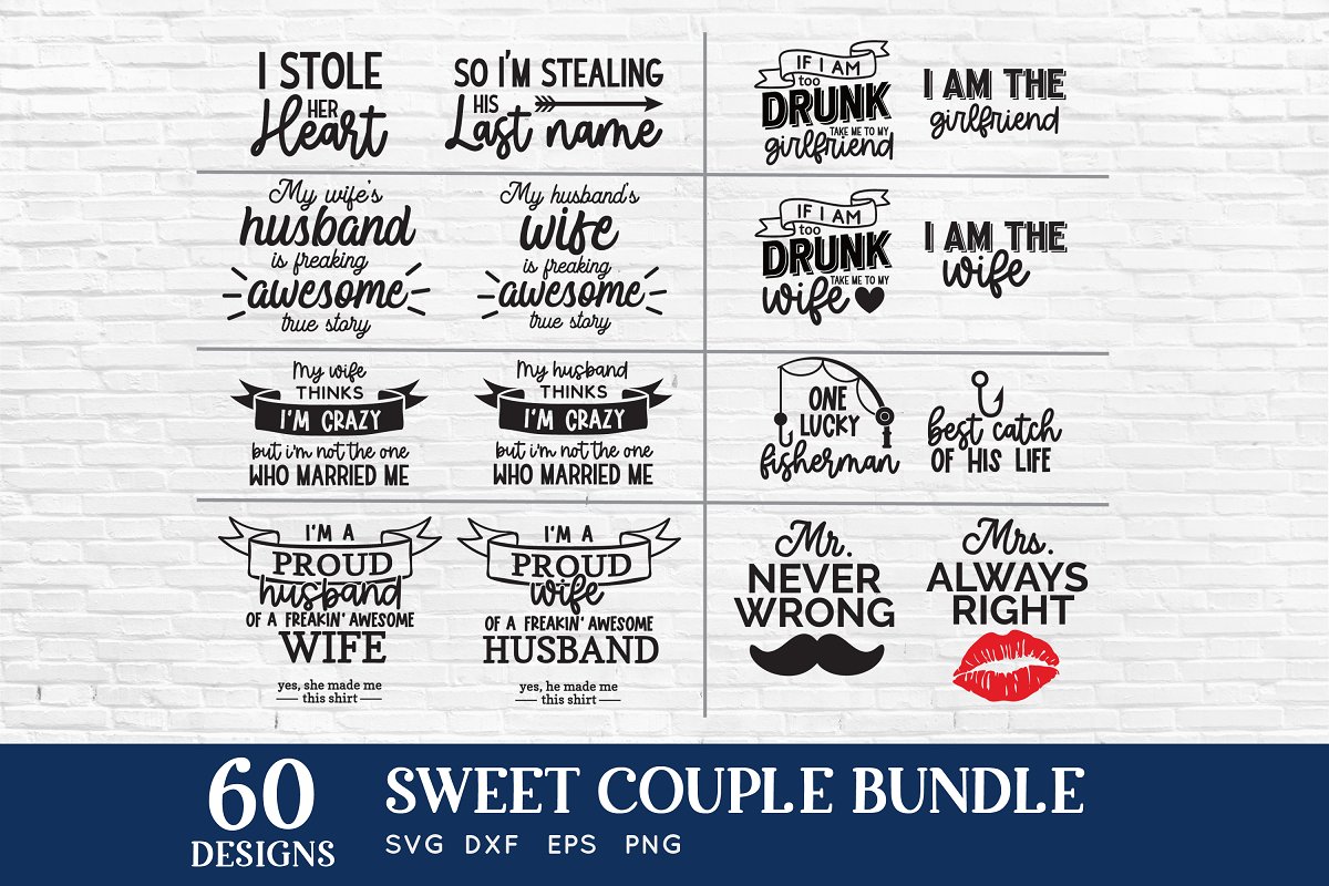 You will get 60 designs with this sweet couple bundle.