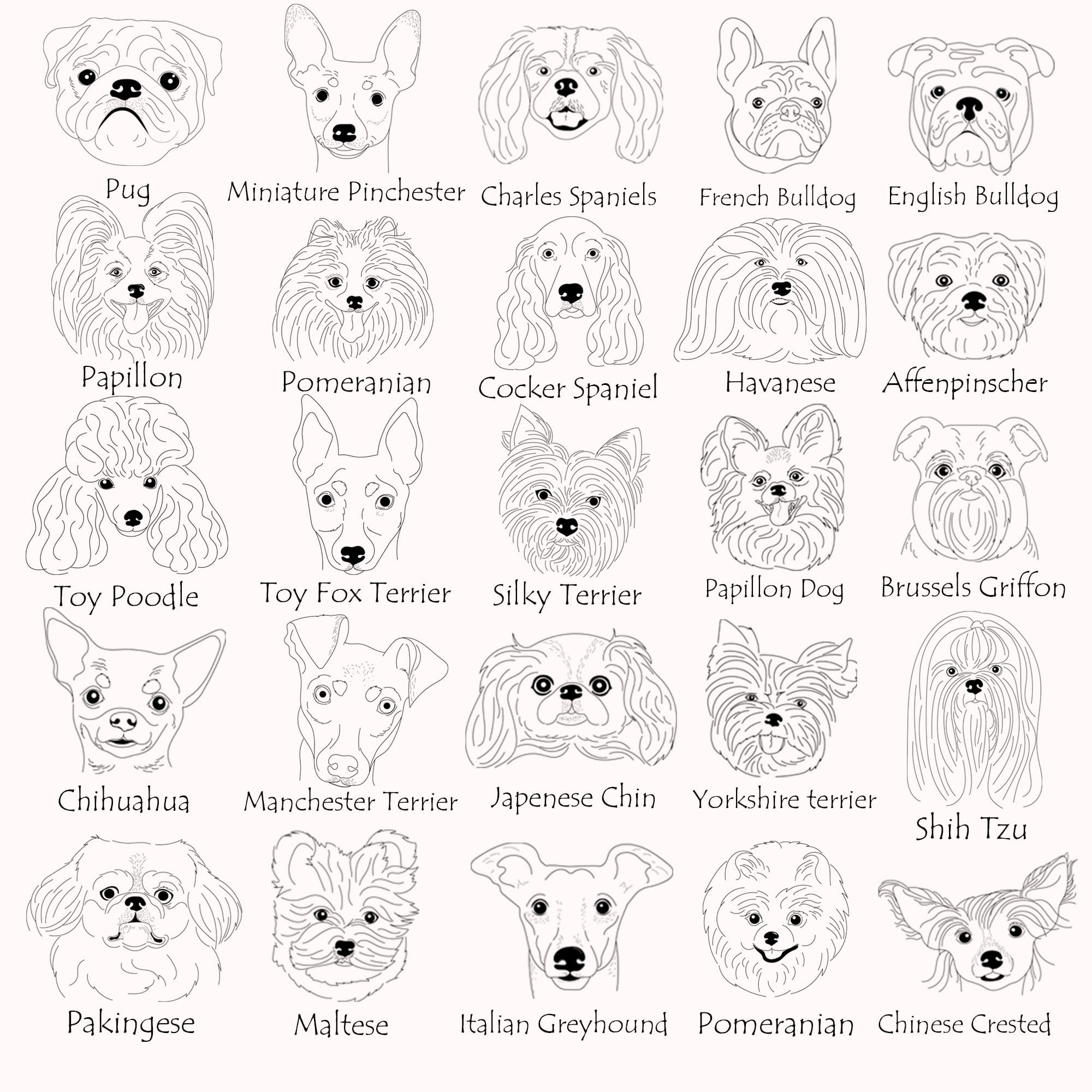 Drawing of dogs with different facial expressions.