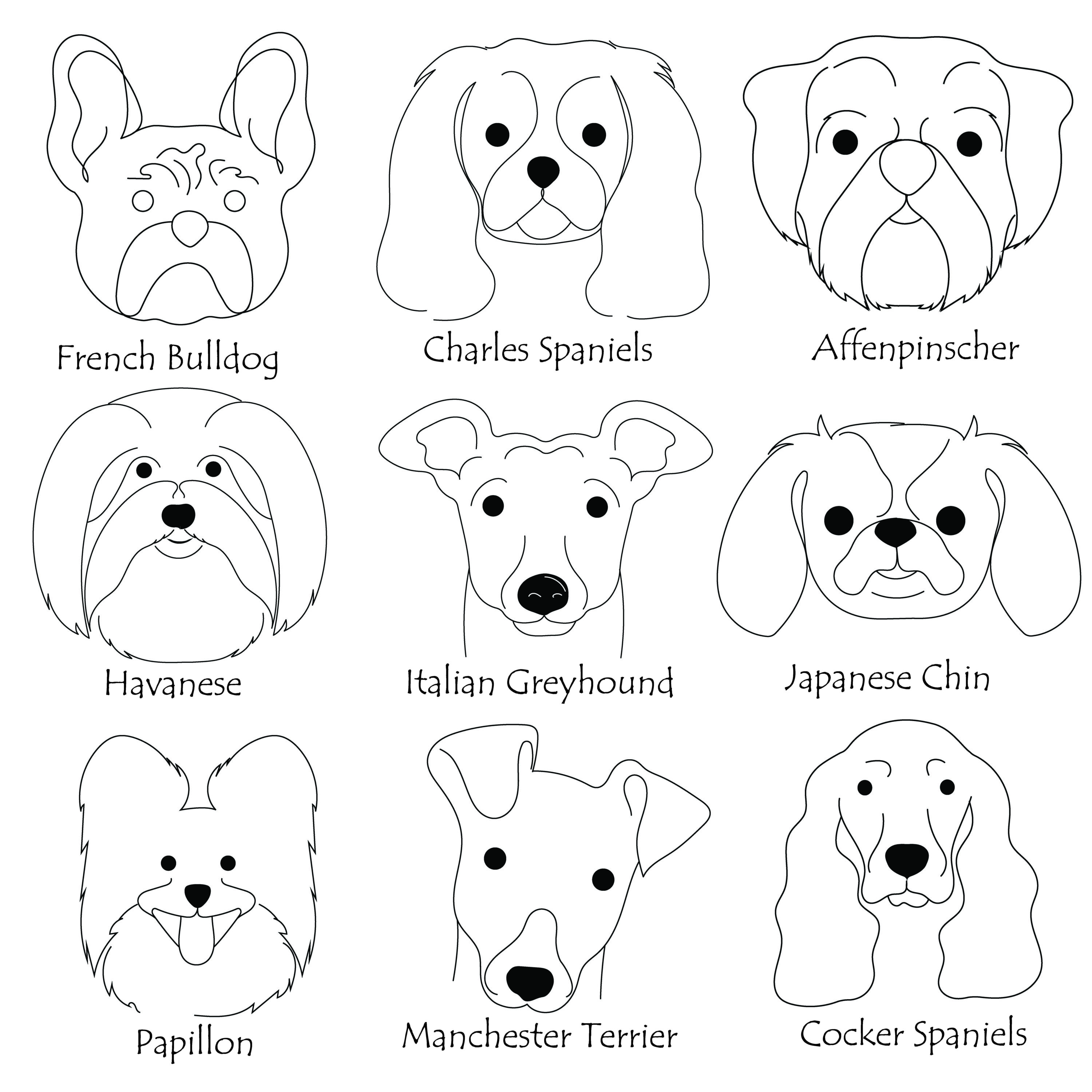 Set of dog's faces with the names of them.