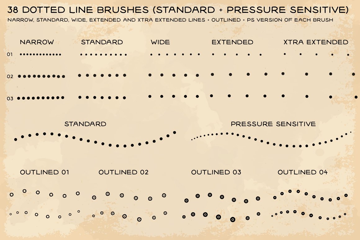 38 Dotted Line Brushes (19 Pressure Sensitive + 19 Standard).