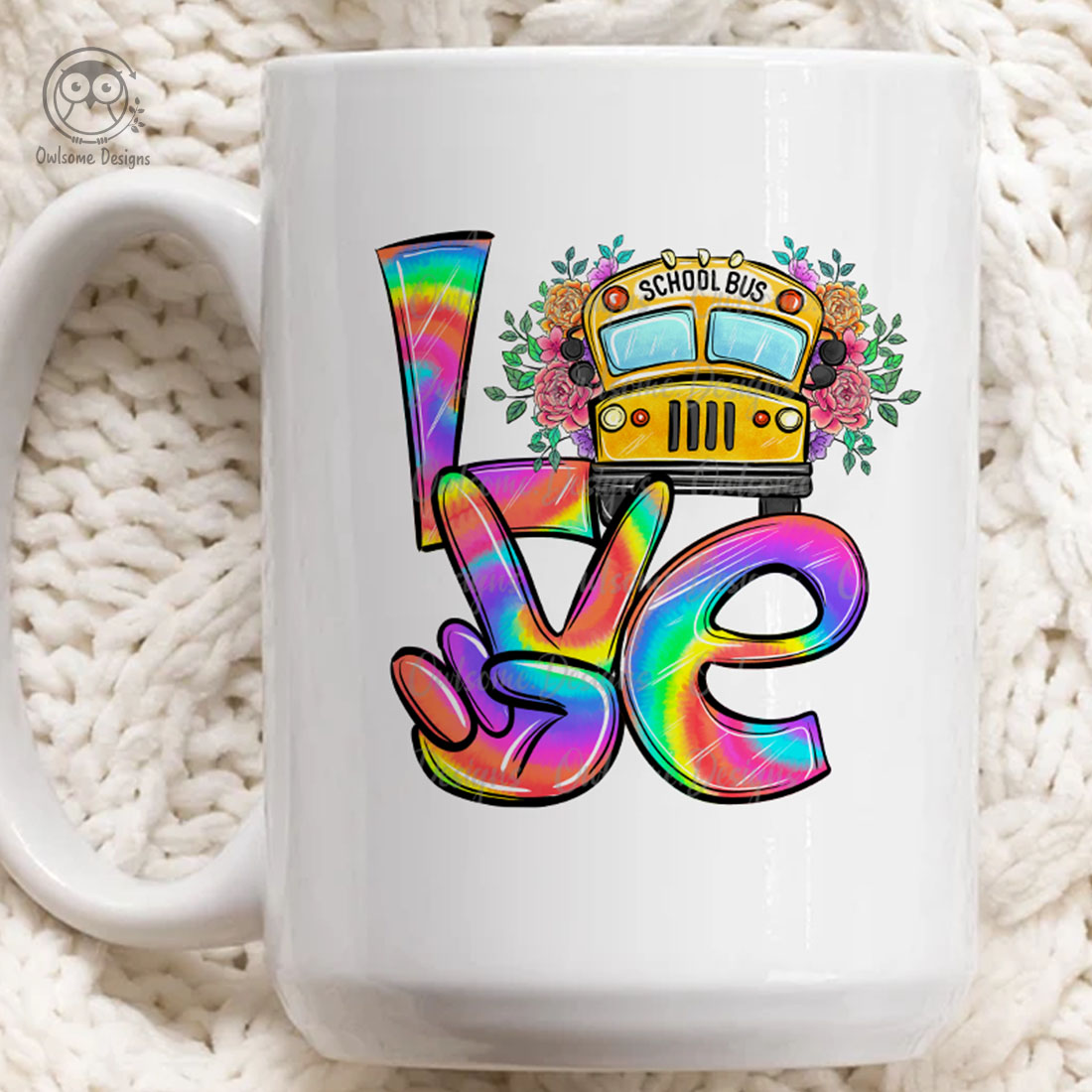 Image of a cup with a beautiful inscription love with a bus.