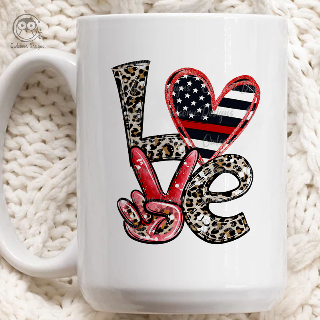 The image of a cup with a beautiful inscription love with the American flag.