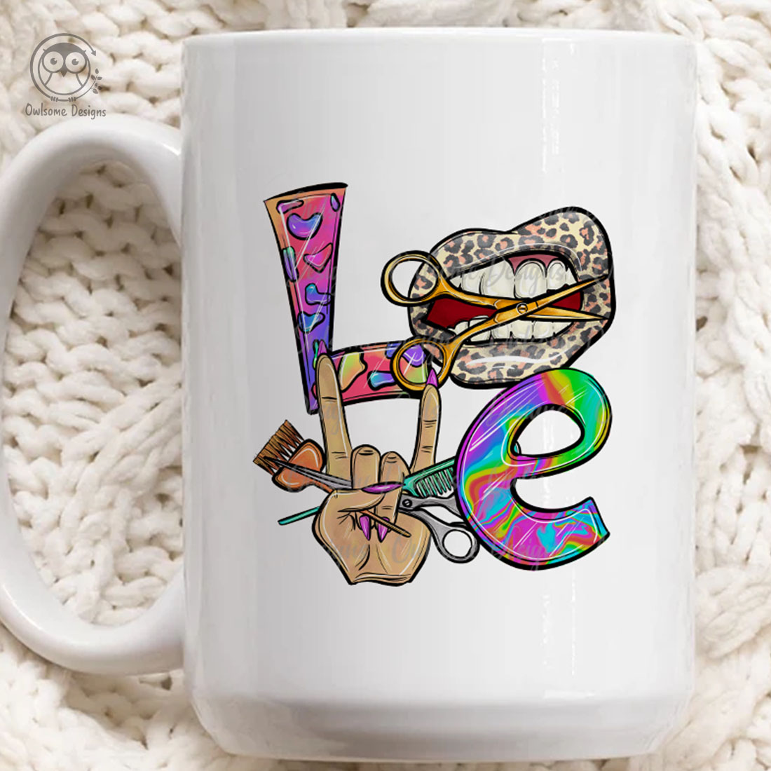 Image of a cup with a beautiful inscription love with stylist's accessories.