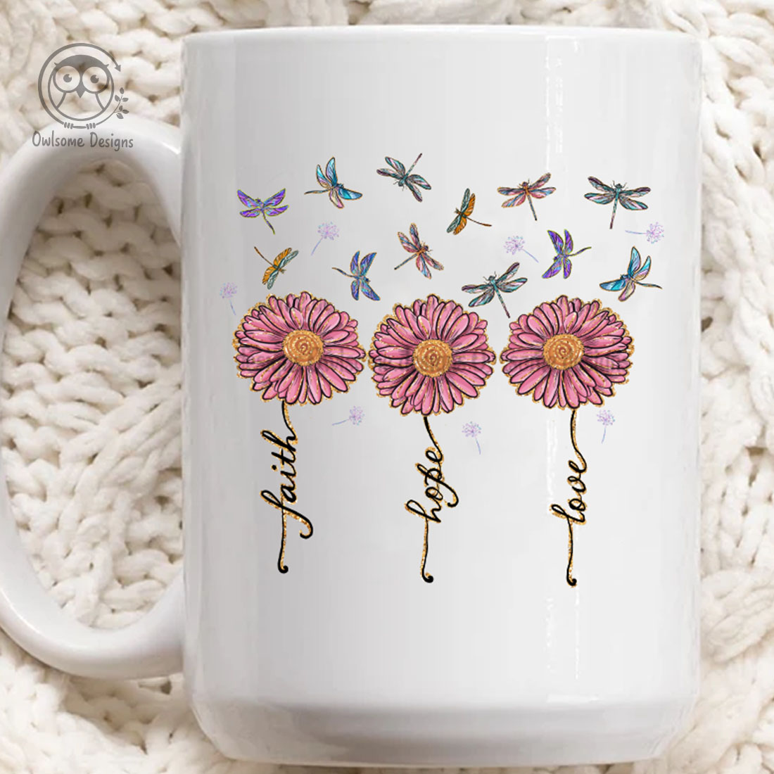 Cup image with unique dragonfly print and flowers.