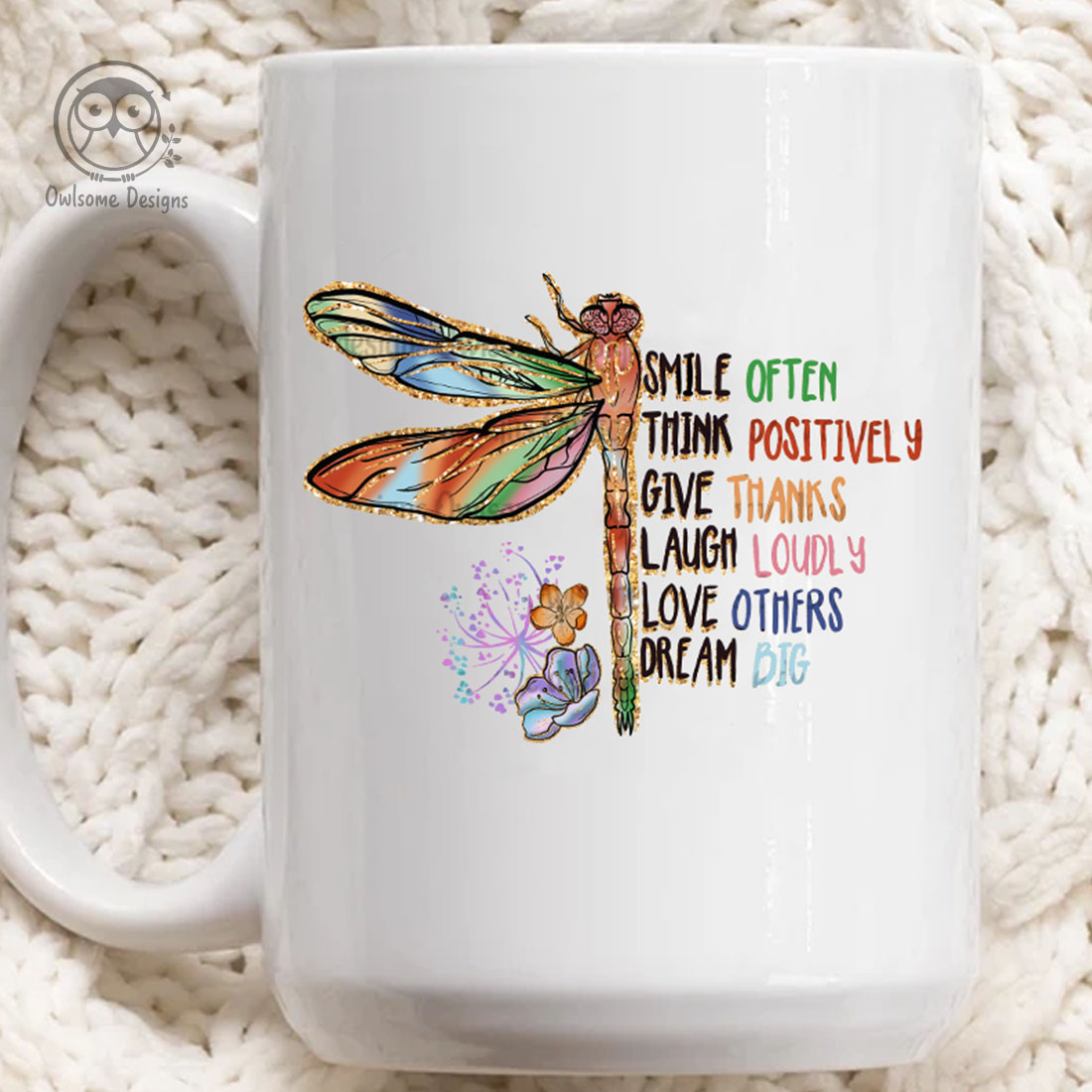 Image of cup with gorgeous dragonfly print and lettering.