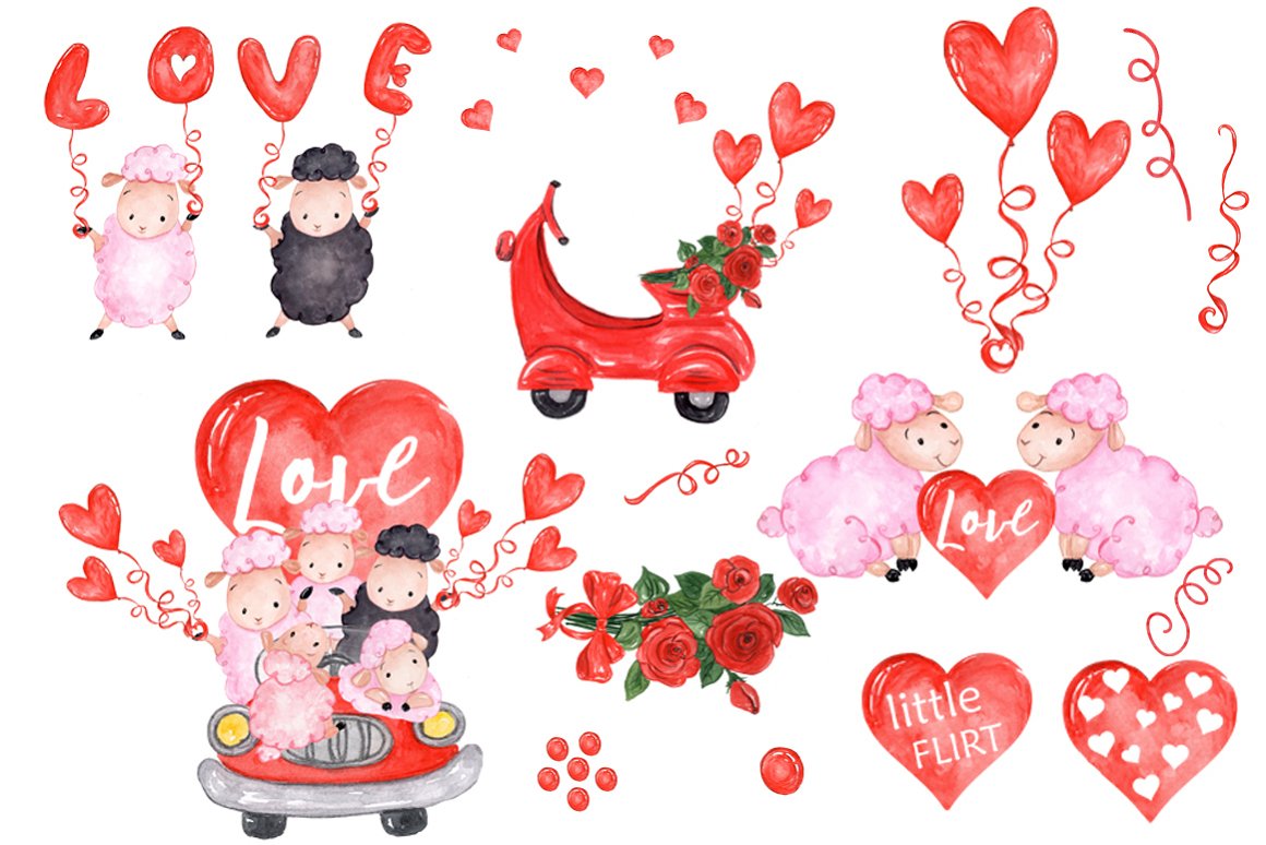 A red, black and pink set of 8 different illustrations of hearts and sheeps on a white background.