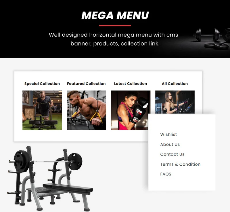 White lettering "Mega Menu" on a black background and template shopify store in white and black with photos in web version on a gray background.
