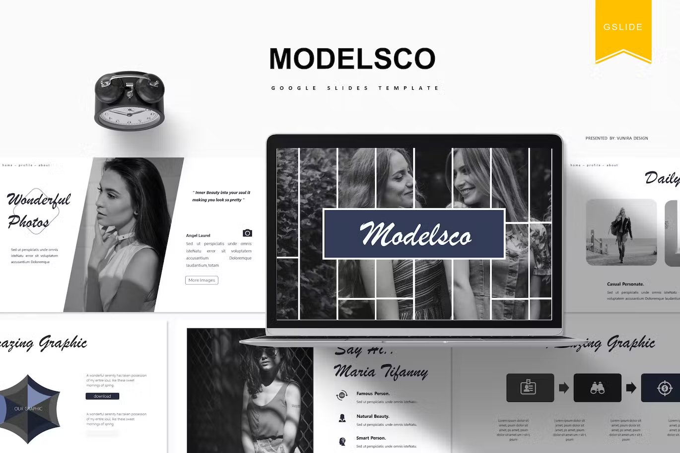 Black lettering "Modelsco Google Slides Template" and different slides and mockup macbook.