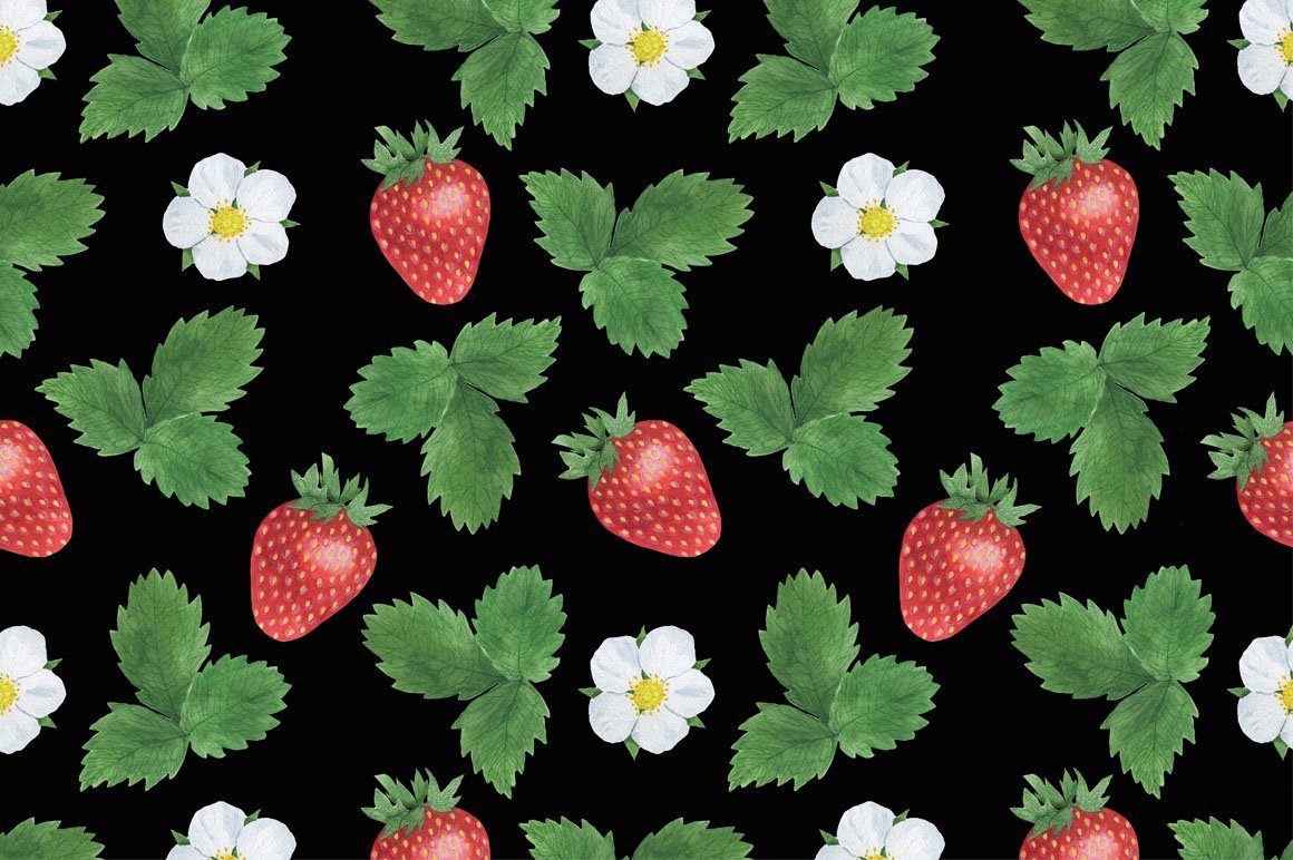 Black background with the colorful strawberry set.