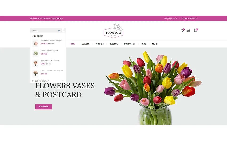An example of search box for web version flowers store with image of tulips.