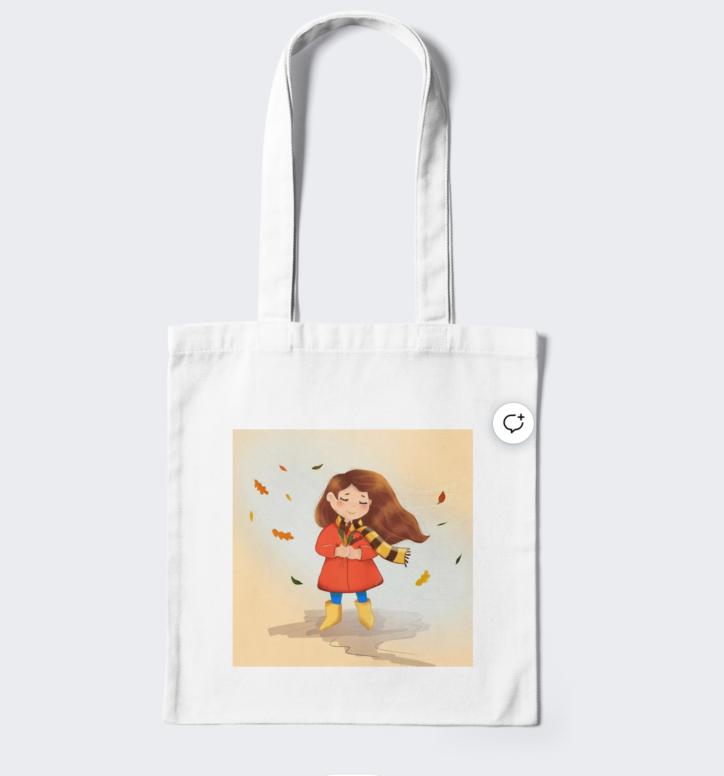 Image of a white bag with a wonderful print of a little girl fluttering hair in autumn weather.