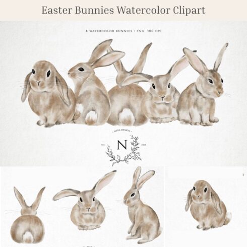 Easter Bunnies Watercolor Clipart.