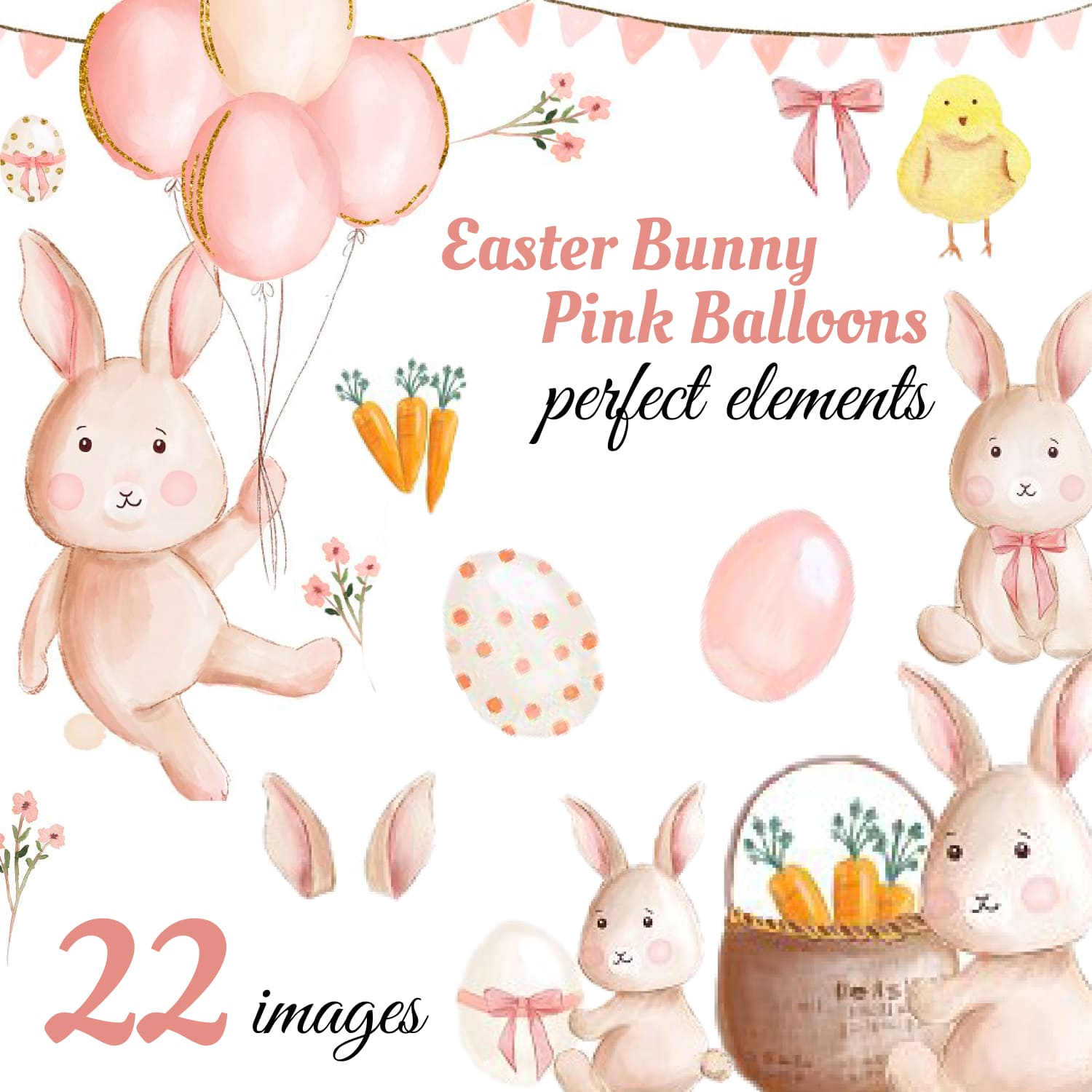 Easter Bunny Pink Balloons Clipart.
