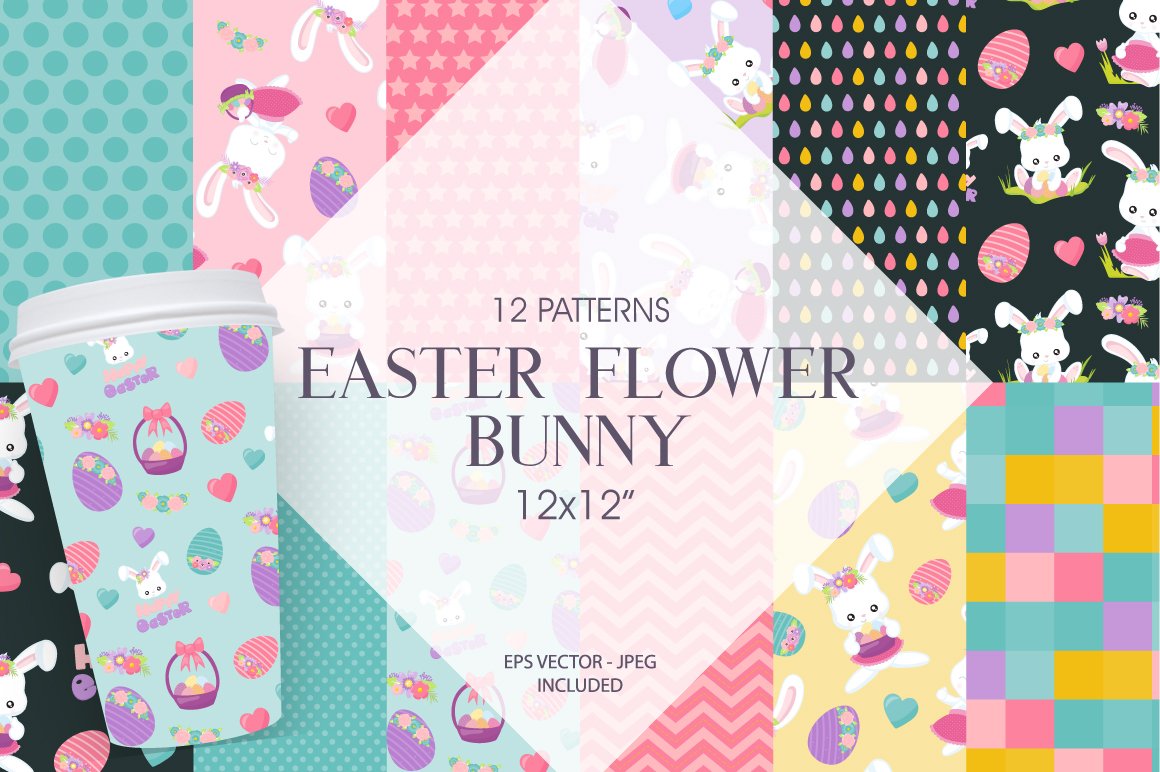 Dark gray lettering "Easter Flower Bunny" and 12 different patterns.