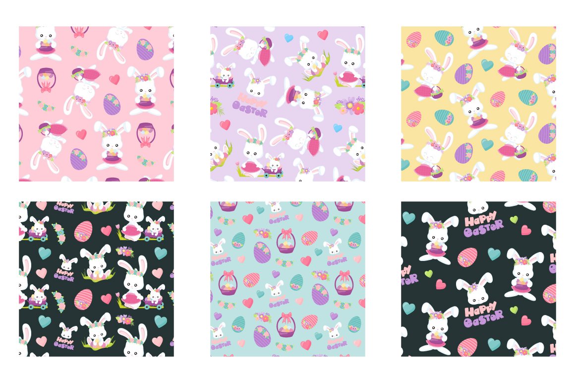 Pink, lavender, yellow, black and light blue seamless patterns with different easter illustrations.