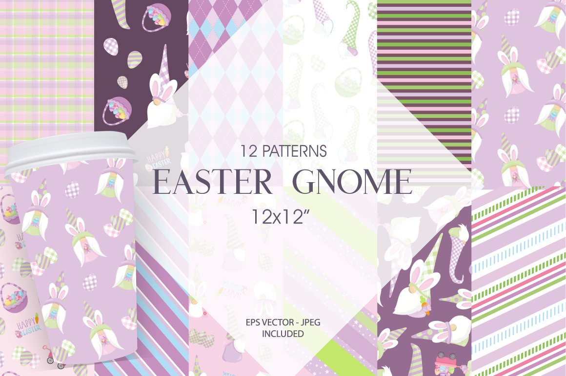 Lavender lettering "Easter Gnome" on a white background and different 12 patterns in lavender color and lavender cup with illustration of a Easter gnome.