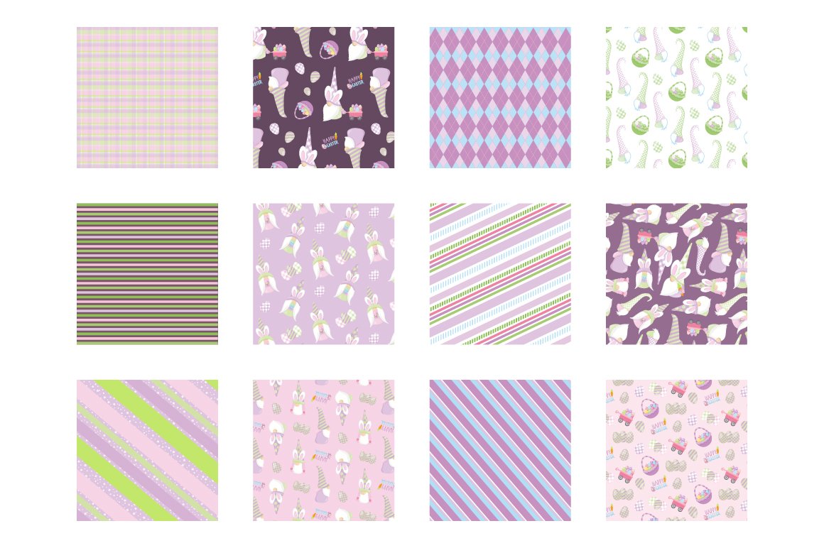A set of 12 different seamless patterns in lavender color with illustrations of a Easter gnome on a white background.A set of 12 different seamless patterns in lavender color with illustration of a Easter gnome on a white background.