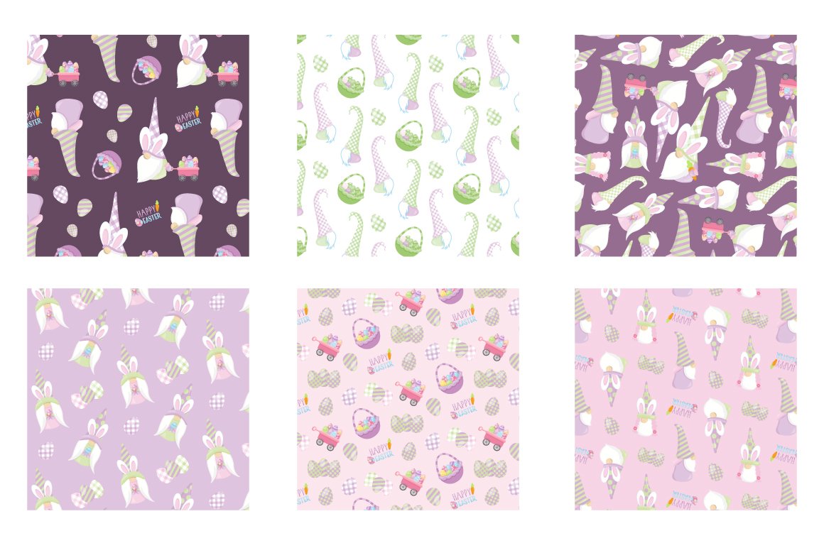 A set of 6 different lavender and purple seamless patterns with illustrations of a Easter gnome on a white background.