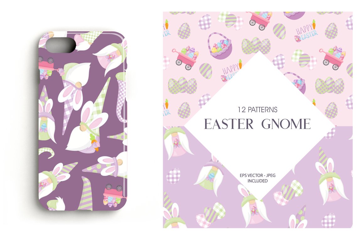 Purple iphone case with illustrations of a Easter gnome, and lavender lettering "Easter Gnome" with 2 pink and lavender patterns on a white background.