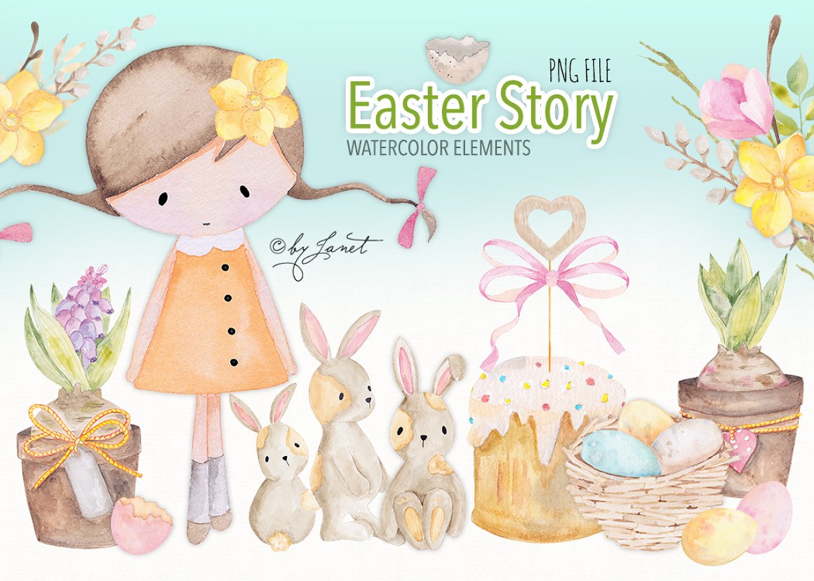 Green-white lettering "Easter Story" and different watercolor illustrations of easter elements on a light blue background.