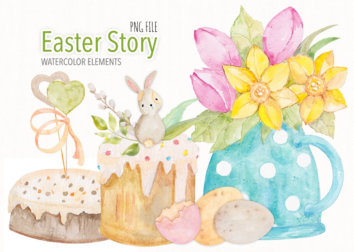 A set of different watercolor illustrations of easter elements and green-white lettering "Easter Story" on a white background.