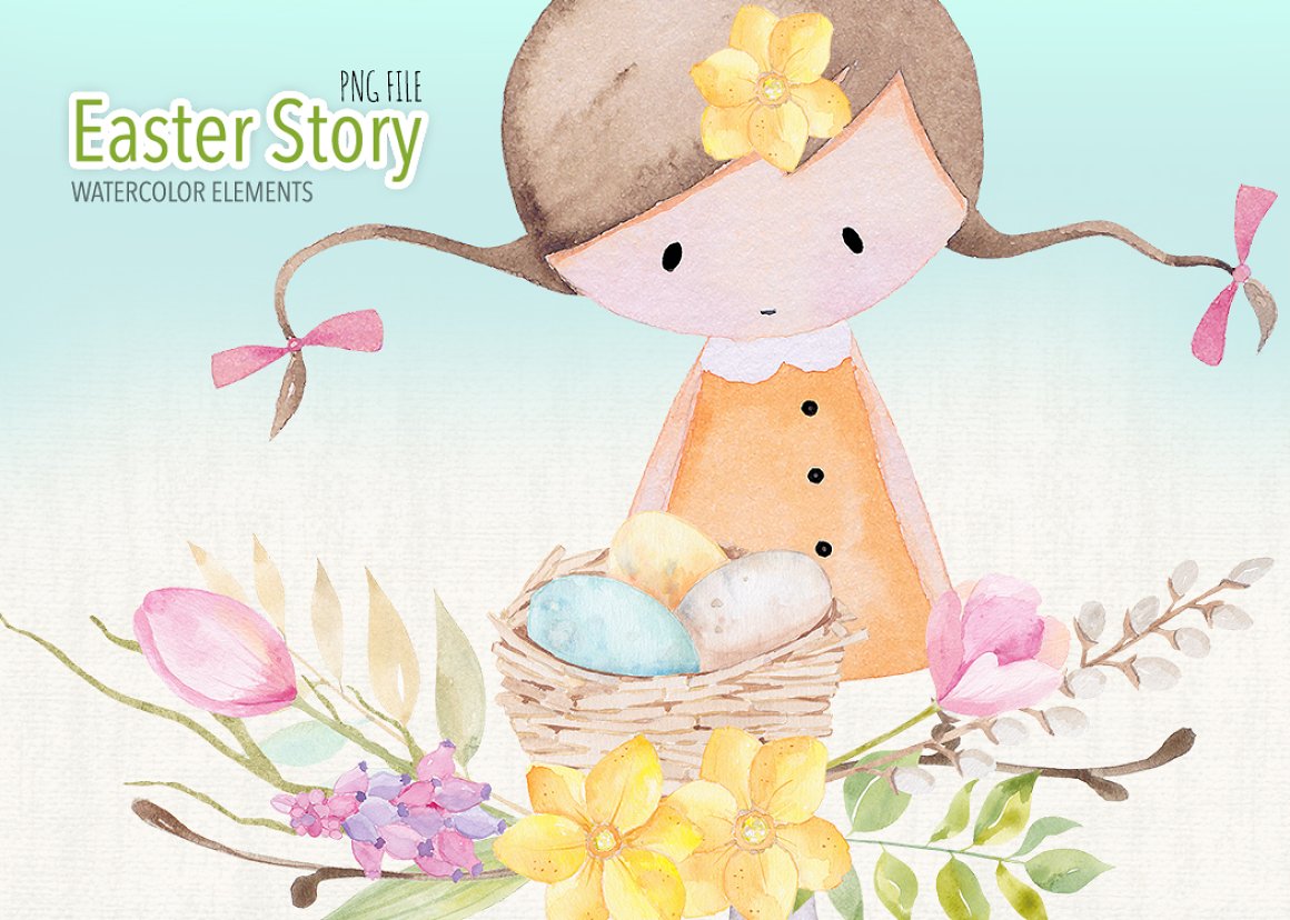 Green-white lettering "Easter Story" and watercolor illustrations of girl with easter eggs and flowers on a light blue background.