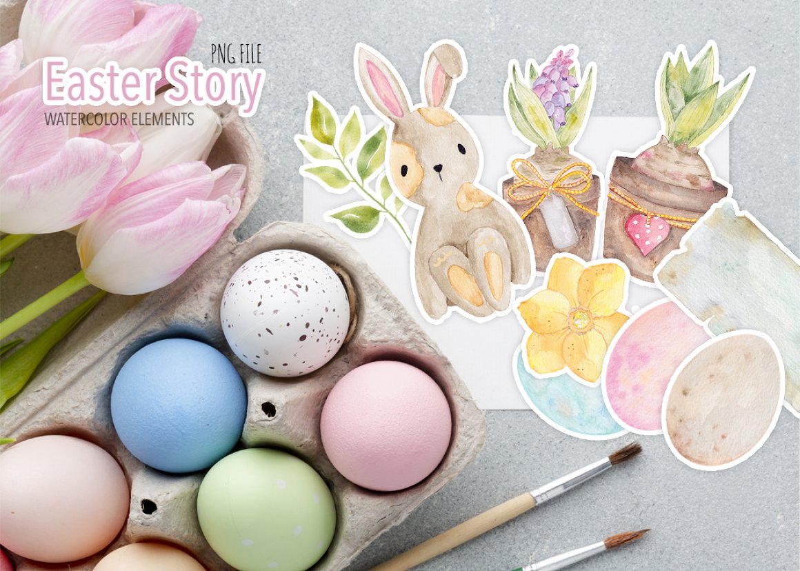 Pink-white lettering "Easter Story", easter eggs and watercolor skickers of easter elements on a gray background.