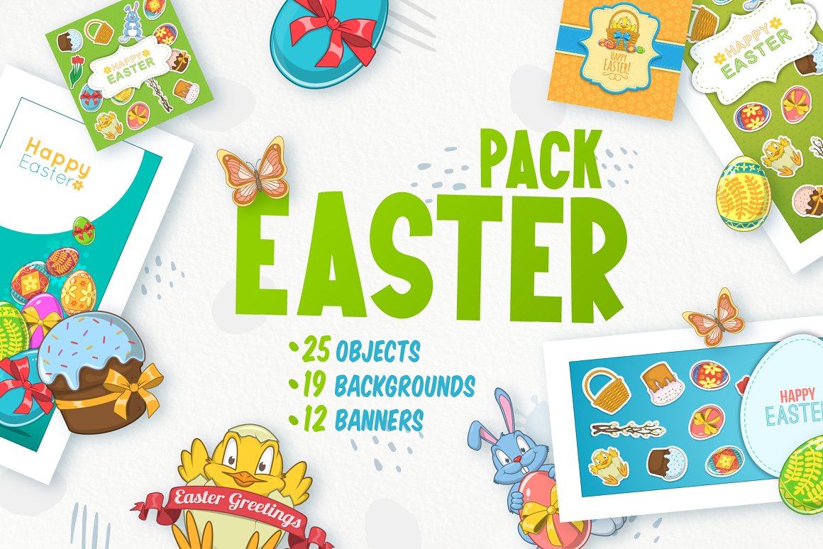 Green lettering "Easter Pack" and different graphic products.