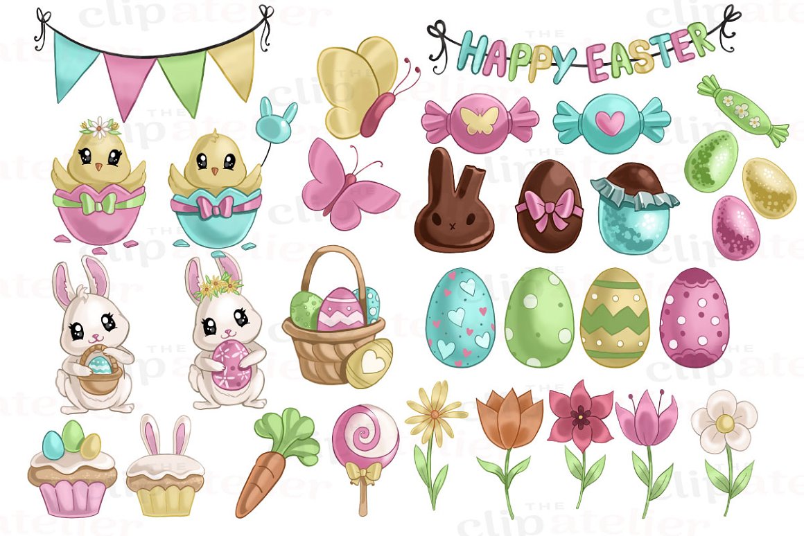 Clipart of 29 cute Easter illustrations on a white background.