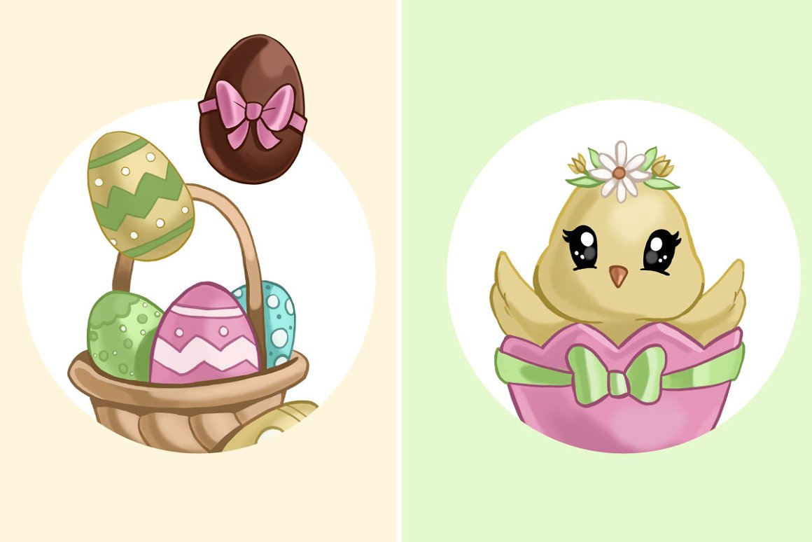 2 illustrations - Easter eggs in a basket on a pink background, and baby chicken on a green background.