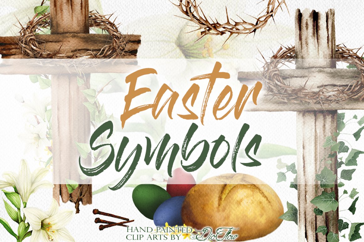 Orange and green lettering "Easter Symbols" on the background with easter illustrations.