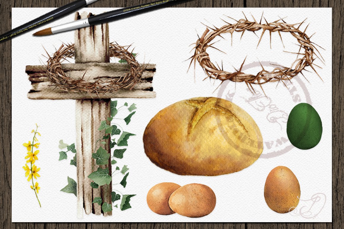 A set of different easter symbols - cross, bread, wreath and eggs on a gray background.