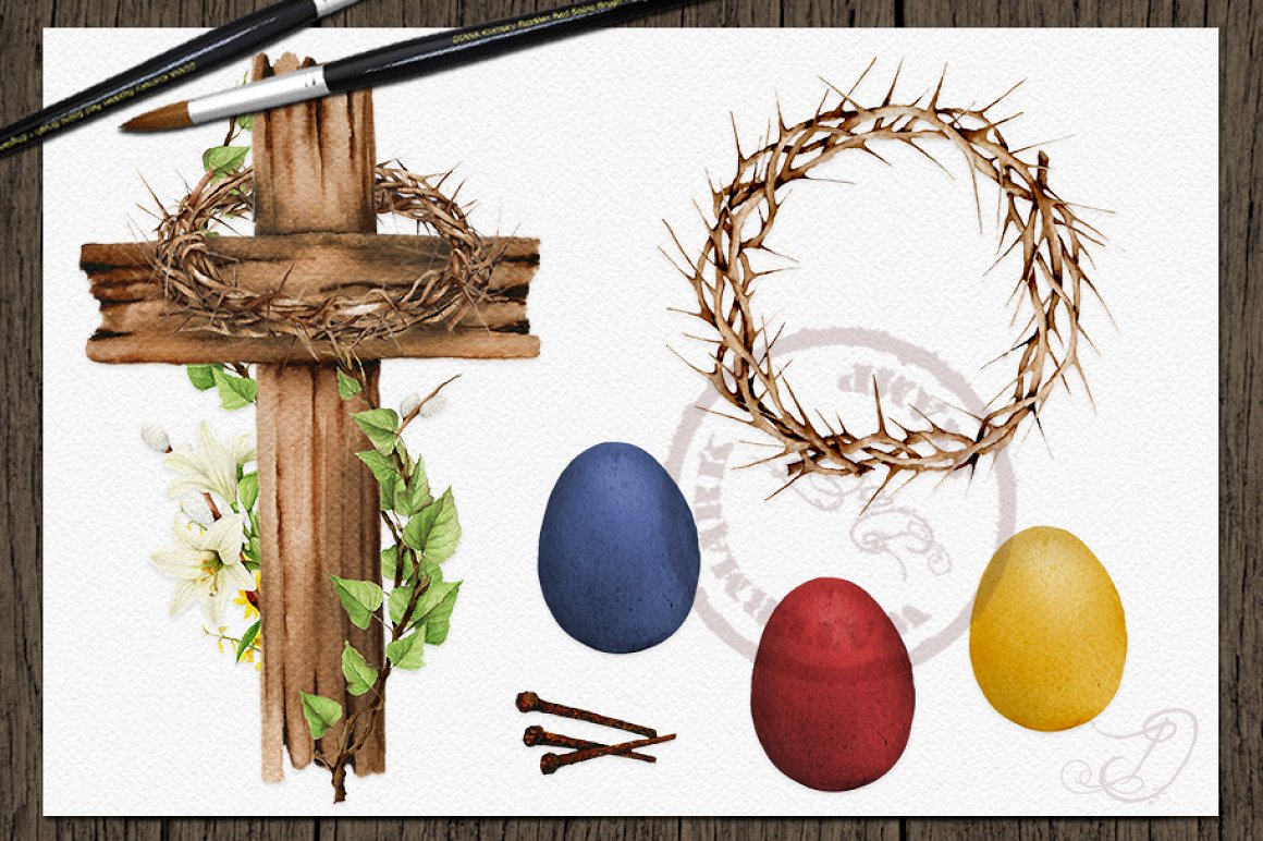 A set of different easter symbols - wreath, cross and blue, red and yellow eggs on a gray background.