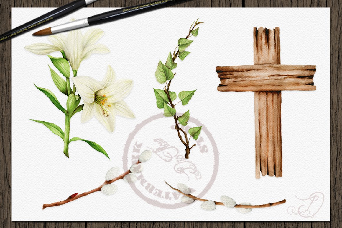 A set of different easter symbols - cross, flowers, twigs and verbal seals on a gray background.